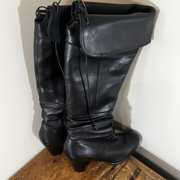 Blondi Knee High Tall Black Leather Heeled Boots Size 8.5 Zip up calf & Lace up - Picture 7 of 13